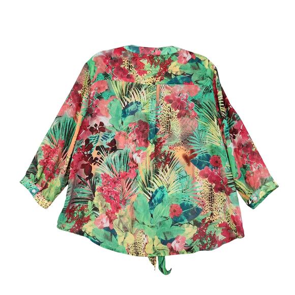 Chicos Womens Tie Front Tropical Blouse Size XL Split Neck Leopard Palm Leaf - Picture 4 of 9